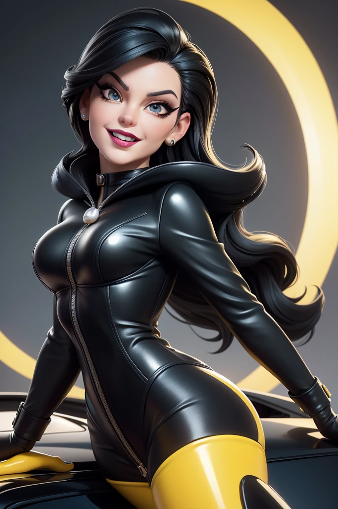 obra prima, melhor qualidade, (emma peel vamp 70yo face wrinkles) head back, sassy wicked girl, big toothy smile, open mouth, ((shiny pearl white lipstick,)) thick smoky black eye shadow, long fake eyelashes, raven black mullet hair, ((cherry red leather spy girl suit,)) with studs zippers snaps, shiny leather gloves, body is skinny, laying down on hood of sports car, shiny tight buttocks, dazzle pose, pinup pose, exaggerated selfie pose, camera view of whole body, looking up at me, shallow depth of field, highres, HD, 8k, anatomically correct