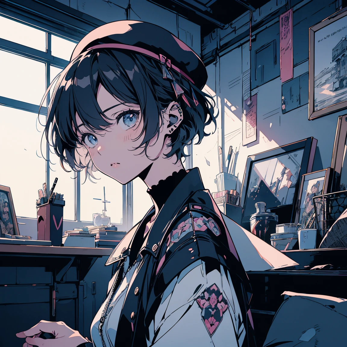 ultra detailed,best quality,delicate illustration,manga,pixiv art,anime art,unity 8k wallpaper,ultra delicate line drawing,kawaii,cool,nervous,upperbody,{{shiny short hair,black short hair,
Chic gothic punk style, black beret, hydrangea corsage,Holds a Mjolnir,war hammer}},vaporwave,high key lighting,high saturation,stylish ambiance,cinematic feel,depth of field,manga,pixiv art,best quality,beautiful detailed eyes,cinematic lighting,watercolor 