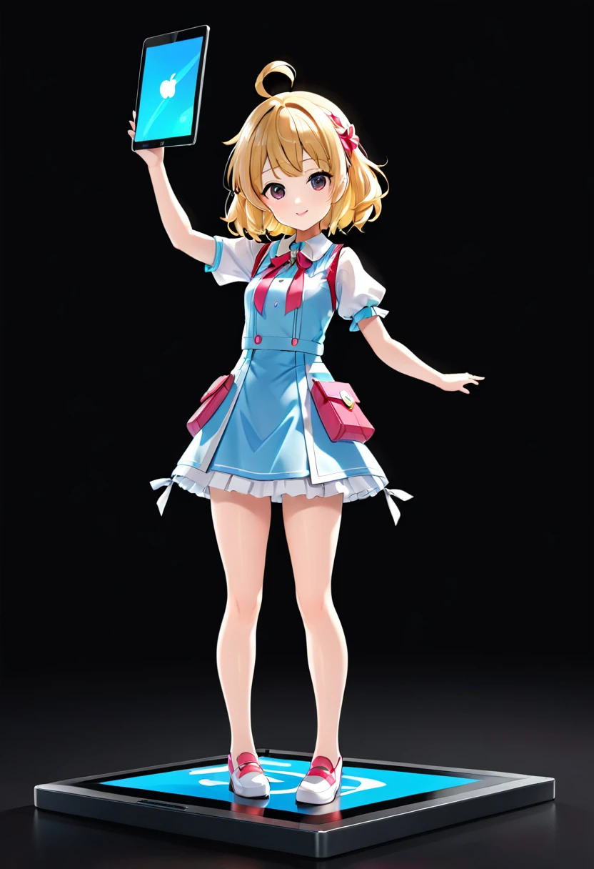 Anime characters on a tablet on a black background, Live2D Virtual Youtuber Model, render of a cute 3d anime girl, 3d anime girl, a-Pause, Anime-style 3D, Pause(Raise the hand + Happy), Anime VTuber Full Body Model, anime Pause,, Android Heroine,, Perfect android girl