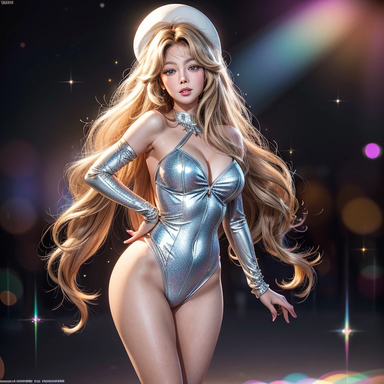 NSFW, 8k, High-level, absurd, masterpiece, best quality, primitive, very detailed CG, very detailed wallpaper, perfect lighting, Extremely detailed ((( personifying " Farrah Fawcett Majors " as a Little Girl))), MysticSight, Tyndall effect, Tyndall scattering, (Studio gray background with (Overflowing oodles Dazzling RainbowColorParticles (BokeH))), (RoundlyButts, ThighGap), (Exposed:0.4), (Assfocus with looking ahead) BREAK (Acutance:0.88), (NOGIZAKA face variations) Extremely Detailed very KAWAII face variations, perfect anatomy, Childish, CaptivatingGaze ElaboratePupils detailed Eyes with (sparkling highlights:1.28), (Voluminous LongEyelashes、GlossyRED Lips with beautiful details, RosyCheeks, Radiant PearlSkin with Transparency . { (Dynamic LifeLike expressions:1.4) | :d) }, (large eyes:-1) .