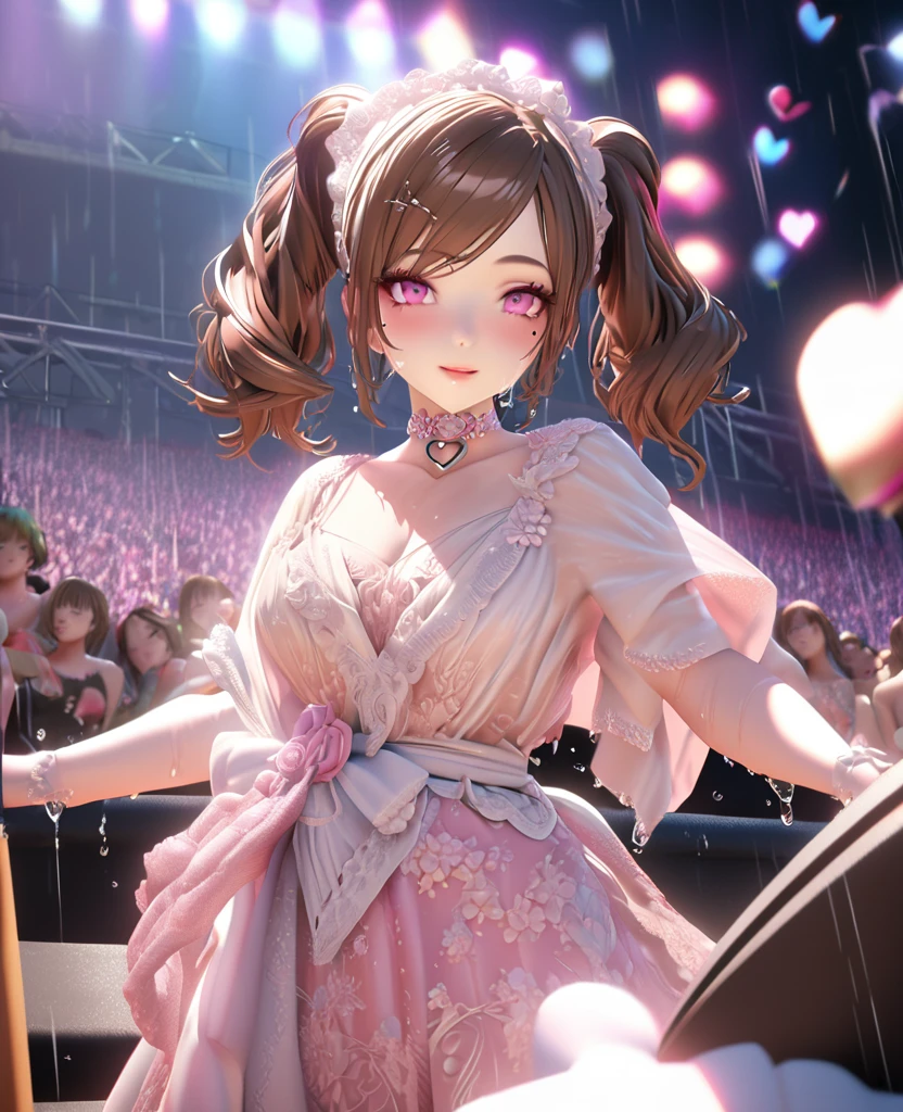 one girl, staring at the audience, beautiful pink eyes, brown hair in short twin tails, mole under eye, plump glossy lips, heart shaped choker, idol, her name is Mei, smiling, . . . 3D, realistic, idol's costume was drenched in heavy rain, her chest was wet and see-through, heavy rain at outdoor concert, draped clothes, jewelry and decorations removed, floral patterns, lace trim, glittering on stage, masterpiece, best quality, 8k, detailed skin texture, detailed fabric texture, beautifully detailed face, intricate details, highly detailed, ultra high resolution, 8k Ultra HD, film grain, best shadows, delicate, staring at the audience, front