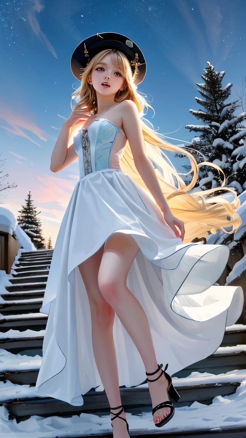 blue eyes,Kawaii bites ankle childishly and innocently 1 girl 8 years old,blond,very long hair,curls,hat,((skindantation))((Big breasts))+++,view from below,dreamy moonlit night,light coming in,Big full moon background shadow night,Floating beautiful detailed sky,Detail very close to the viewer focusing on the face with messy long hair lens flare,Light leak detailed beautiful snow forest and tree spirits((snowflake)),Floating sand streams,belly button,Backlight deep shadows,transparent,+++ Extremely high quality extremely fine deep silk health lacking warmth base soft skin,illustration high resolution,contrapposto glow like an opal,hiqcgbody ++ Light lips,UC:Realistic cute face angle girl in front dynamic pose,Face to toe,Aqua blue ruffled long skirt with bustier bustier petticoat :1.5 high heel sandals double breasted,underbust,The crack is hairless and visible,Small breasts,Almost flat bust,