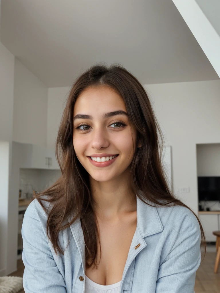 one cute women, 20YO, white, Arab, cute face, realistic brown eyes, blue jacket, brown hair, cute smile, skinny face, white realistic teethes, big eyes, long hair, at home