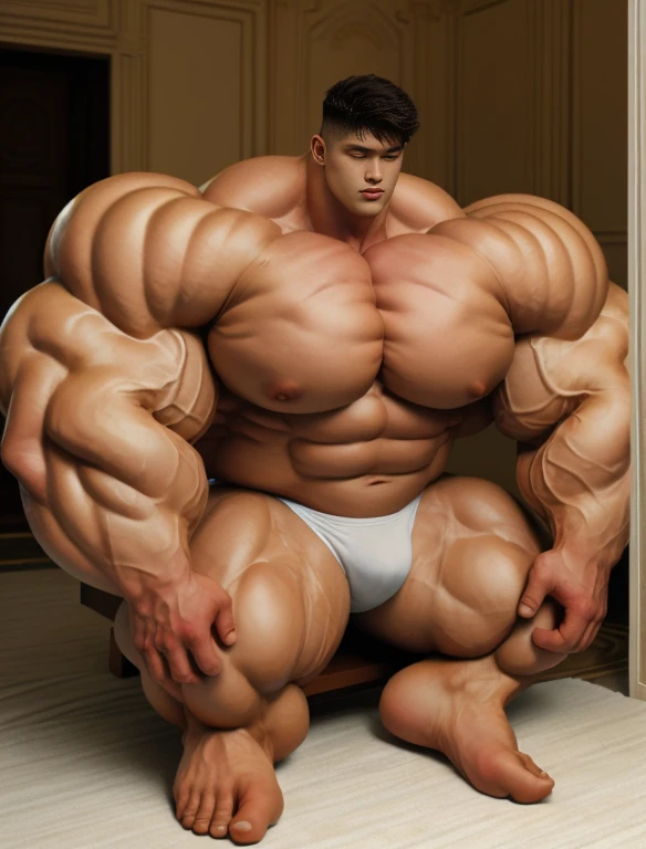 1boy, giant, model shoot style, illuminating light, strong body, bulk, large size, staring & praying, in the white interior room, barefoot, nude, white triangular underwear, prominent bulge, big, brutalmass, giant, muscular body, bulk, massive body, large meaty body size