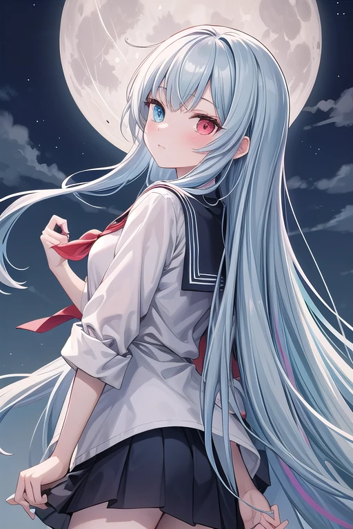 1girlsolo, face towards the sky, looking back, 1 girl, very long hair, pale blue hair, colored inner hair, absurdly long hair, embarrassed, heterochromic, serafuku, full moon, absurdres, highres,
