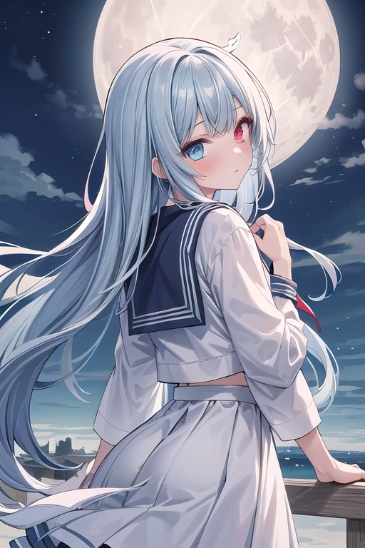 1girlsolo, face towards the sky, looking back, 1 girl, very long hair, pale blue hair, colored inner hair, absurdly long hair, embarrassed, heterochromic, serafuku, full moon, absurdres, highres,