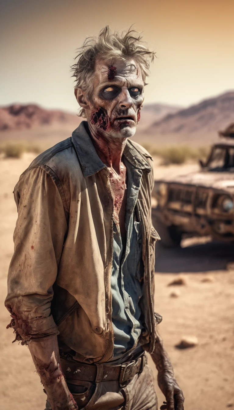 (Realistic: 1.4), analog photo style, depth of field, vivid colors, fragile, vulnerable, male zombie, sad and worried expression, looking away, professional photo set in post-apocalyptic style, intricate desert landscape background and incredibly detailed, (((masterpiece))), superior quality, 8K, ultra-high resolution, high contrast, low saturation