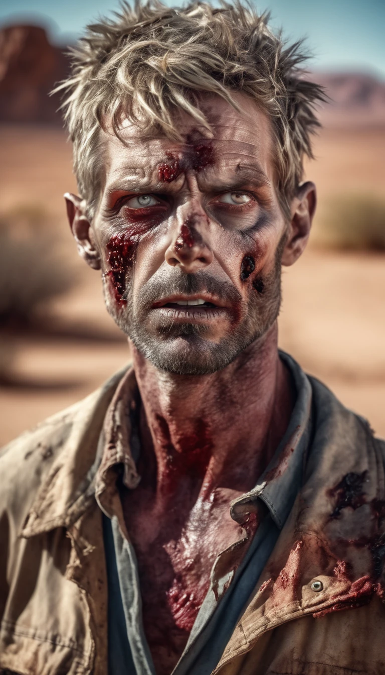 (Realistic: 1.4), analog photo style, depth of field, vivid colors, fragile, vulnerable, male zombie, sad and worried expression, looking away, professional photo set in post-apocalyptic style, intricate desert landscape background and incredibly detailed, (((masterpiece))), superior quality, 8K, ultra-high resolution, high contrast, low saturation