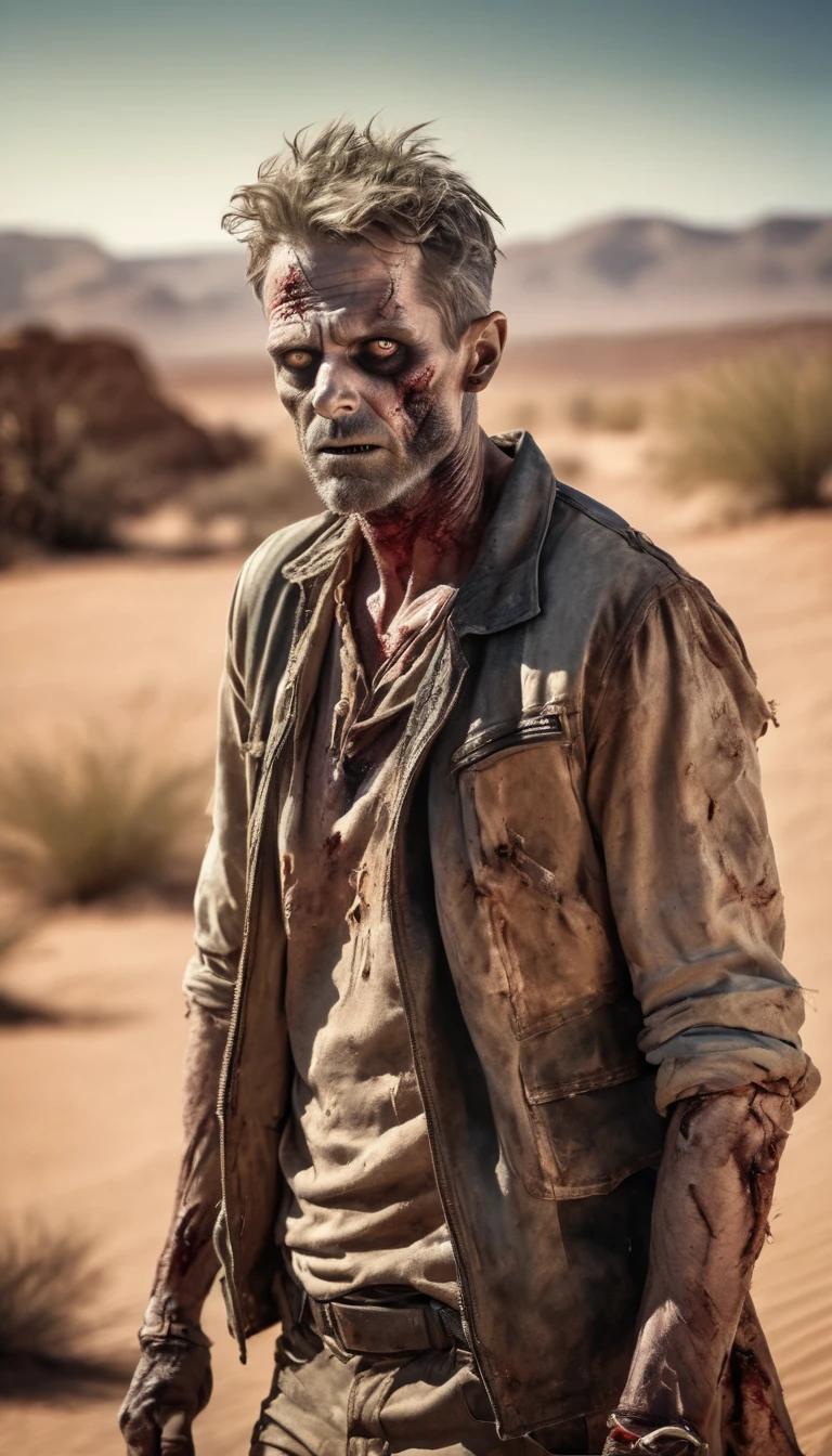 (Realistic: 1.4), analog photo style, depth of field, vivid colors, fragile, vulnerable, male zombie, sad and worried expression, looking away, professional photo set in post-apocalyptic style, intricate desert landscape background and incredibly detailed, (((masterpiece))), superior quality, 8K, ultra-high resolution, high contrast, low saturation