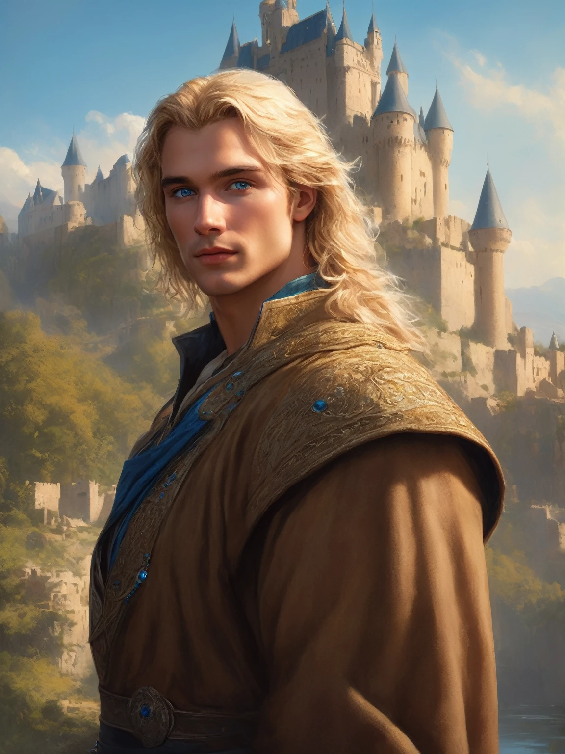((best quality),(masterpiece),(detailed),perfect face,a man with blond hair and blue eyes, castle behind,beautiful,(cinematic),(dramatic lighting),(digital painting),(photorealistic),(ultra-realistic),(hyper detailed),(epic),(fantasy),(cinematic composition),(heroic pose),(dramatic), (perfect eyes)

