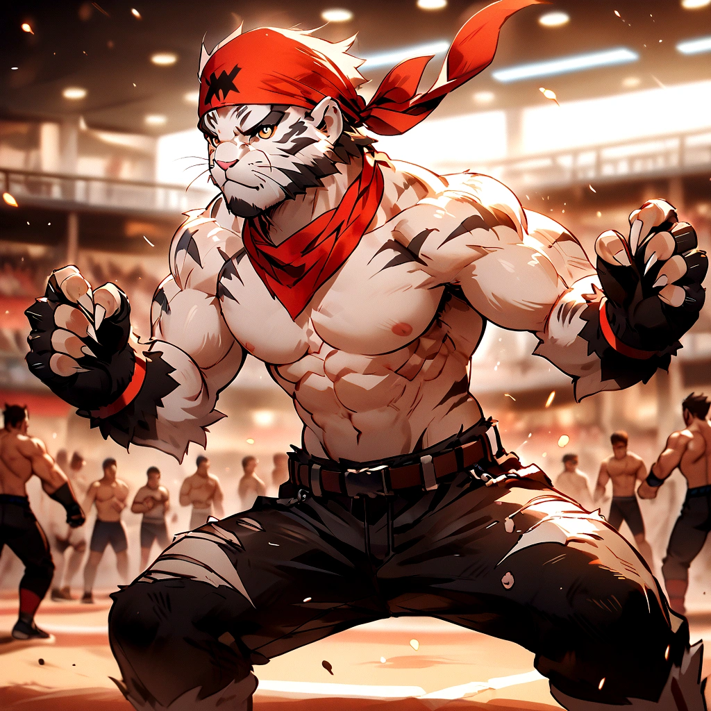 An athletic, muscular anthro white tiger wearing torn jeans and no shirt, wearing fingerless gloves, wearing a red bandana, in a fighting pose, has wolverine claws