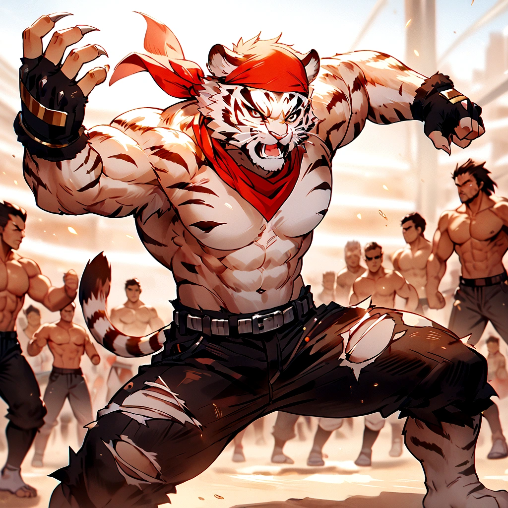 An athletic, muscular anthro white tiger wearing torn jeans and no shirt, wearing fingerless gloves, wearing a red bandana, in a fighting pose, has wolverine claws