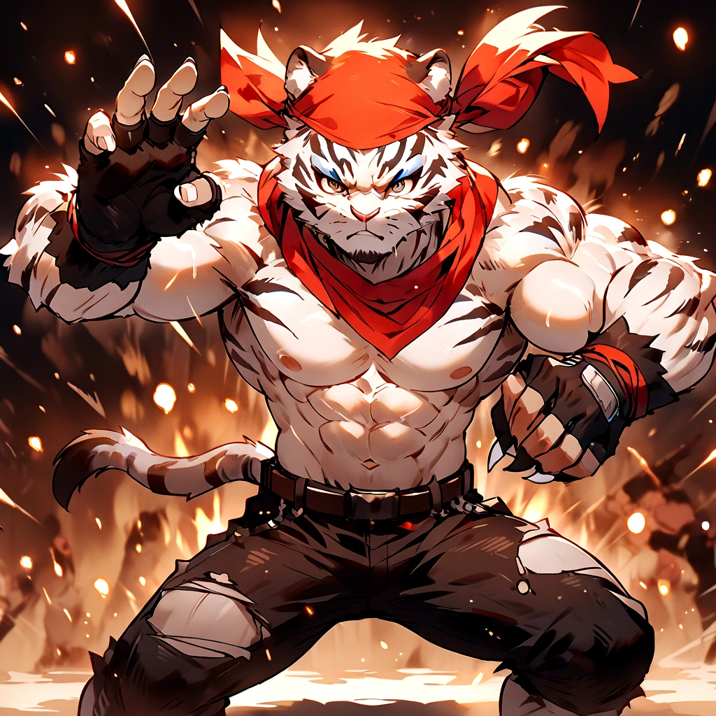 An athletic, muscular anthro white tiger wearing torn jeans and no shirt, wearing fingerless gloves, wearing a red bandana, in a fighting pose, has wolverine claws