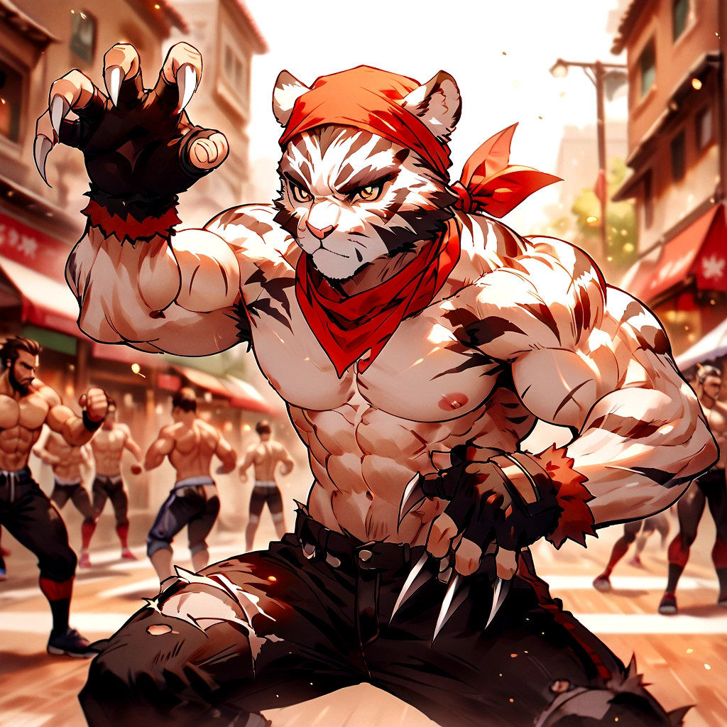 An athletic, muscular anthro white tiger wearing torn jeans and no shirt, wearing fingerless gloves, wearing a red bandana, in a fighting pose, has wolverine claws