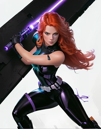 (best quality,8k:1.2,high resolution:1.2), dramatic pose, dynamic action, glowing lights, neon colors, cinematic lighting, photorealistic, 8k, best quality, masterpiece, ultra-detailed, physically-based rendering, ultra-detailed, vintage science fiction, Star Wars based environment, extremely detailed face, long eyelashes, a upper body shot of a woman (Mara Jade), long orange hair, bright green eyes, a determined look, smirking and stoic gaze. She's wearing a tight shiny black leather suit, tan cape, gloves, silver utility belt and high-heel boots. Her gaze is both alluring and fierce, as she holds the purple lightsaber with a delicate yet deadly grip. Mara Jade is in a fighting position with the purple lightsaber.