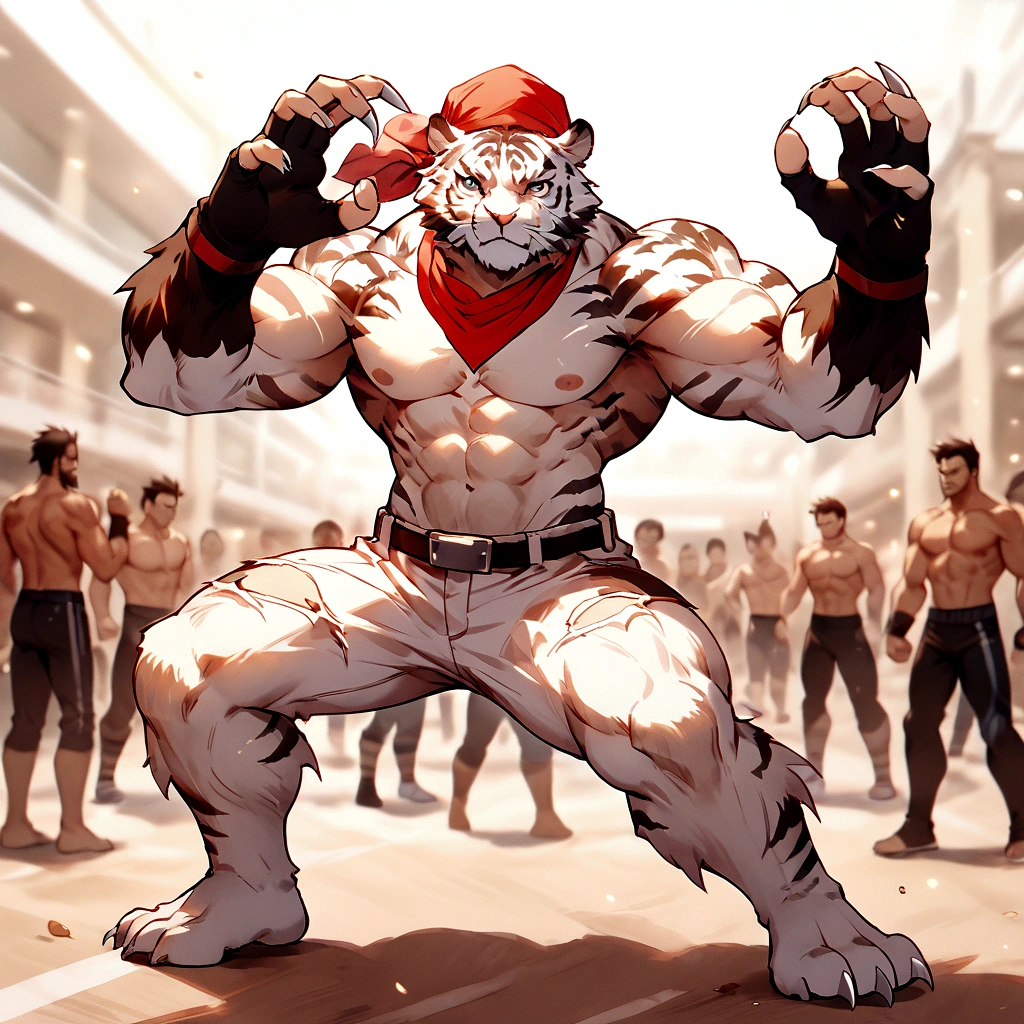 An athletic, muscular anthro white tiger wearing torn jeans and no shirt, wearing fingerless gloves, wearing a red bandana, in a fighting pose, has wolverine claws