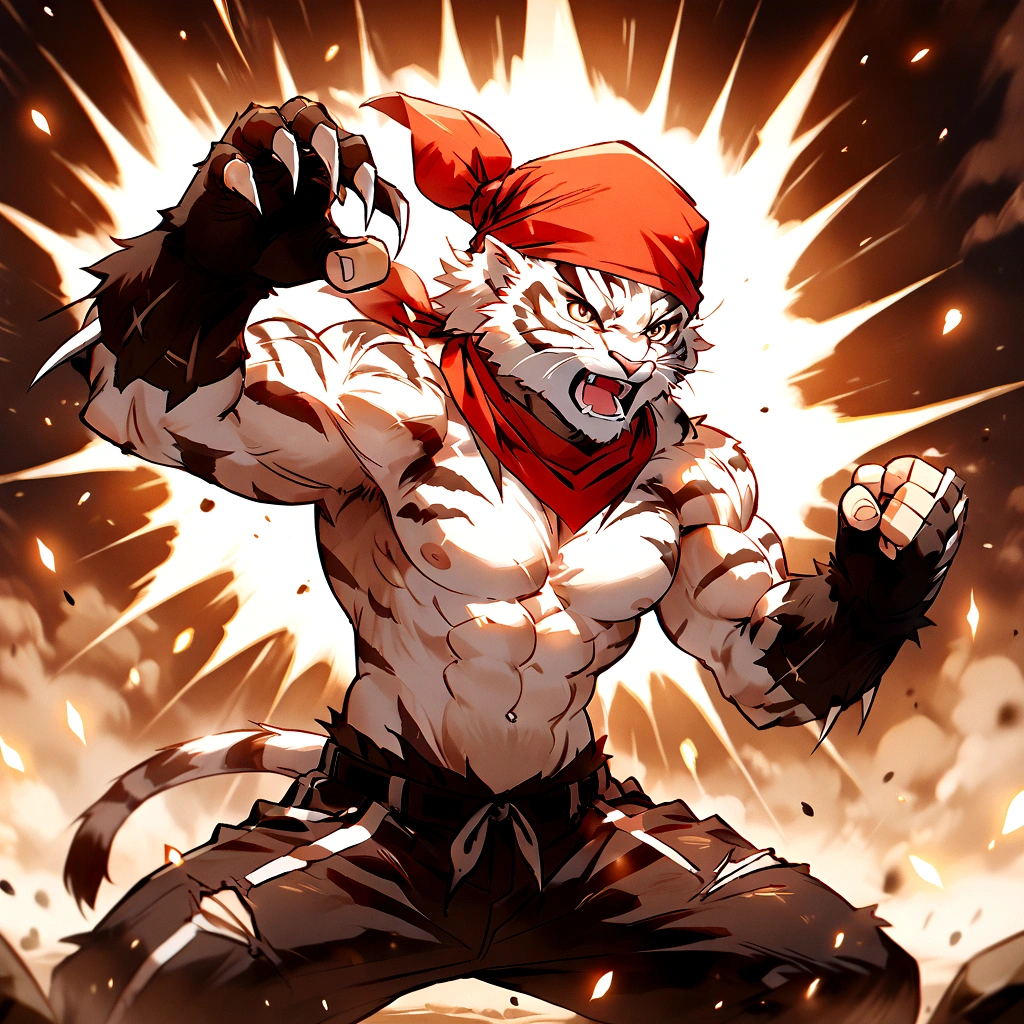 An athletic, muscular anthro white tiger wearing torn jeans and no shirt, wearing fingerless gloves, wearing a red bandana, in a fighting pose, has wolverine claws