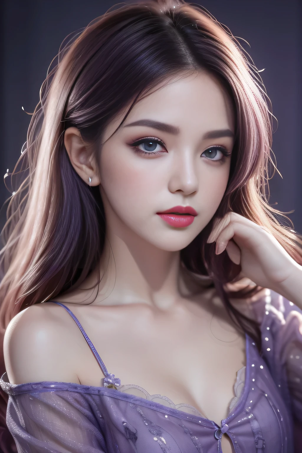 (32K) 16K, 8K, 4k, Very delicate face, Little mouth, Bitten lip makeup, ?????, Purple Hair, Purple Eyes, high resolution, perfect. portrait.