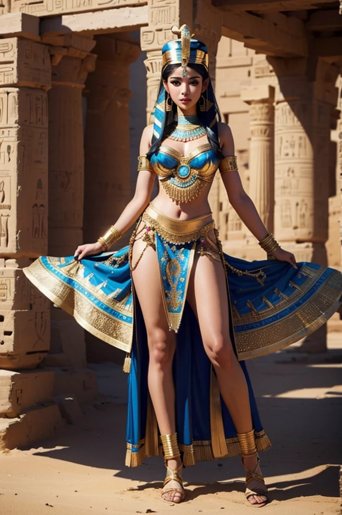 best quality, 8k, very delicate and beautiful, highly detailed face and skin texture, shiny skin, high resolution, beautiful girl in egyptian style costume stand in desert, full body, sharp focus
