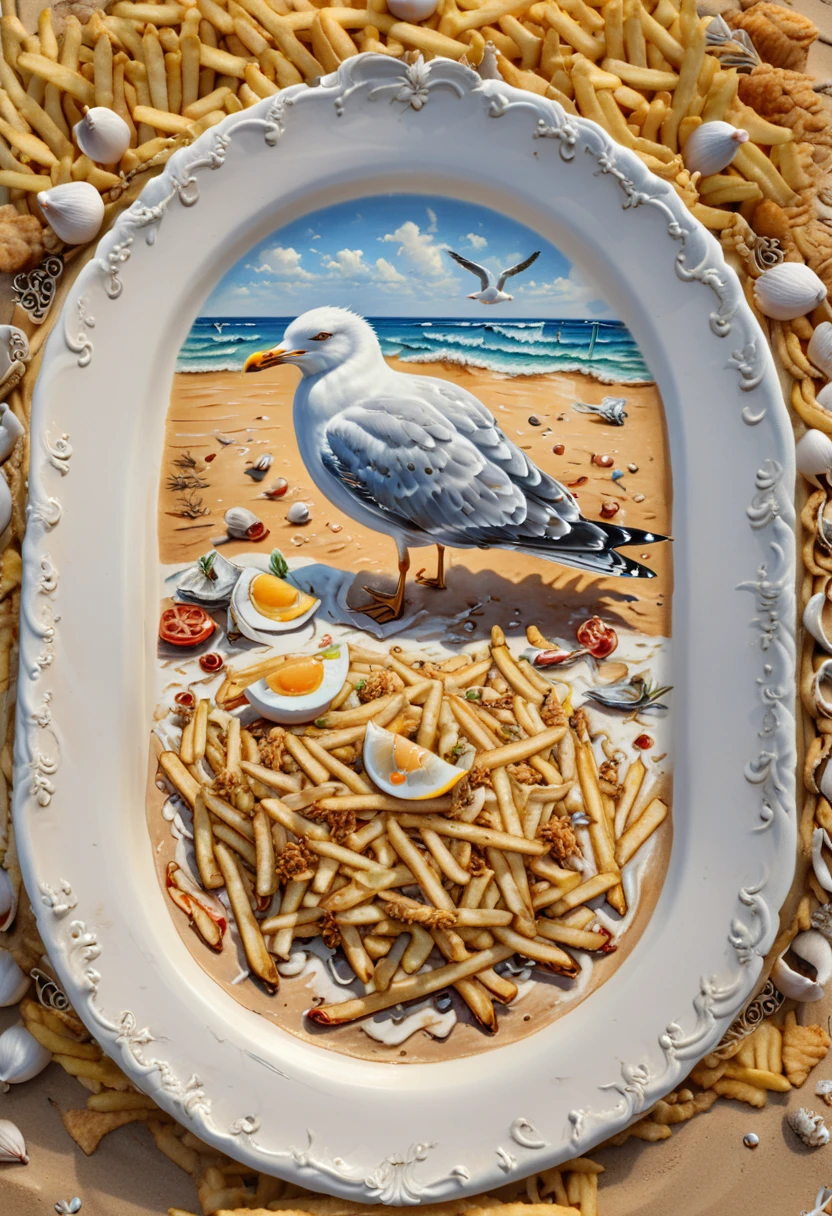 plate with image of Seagull on Fries beach, (masterpiece, best quality, Professional, perfect composition, very aesthetic, absurdres, ultra-detailed, intricate details:1.3)