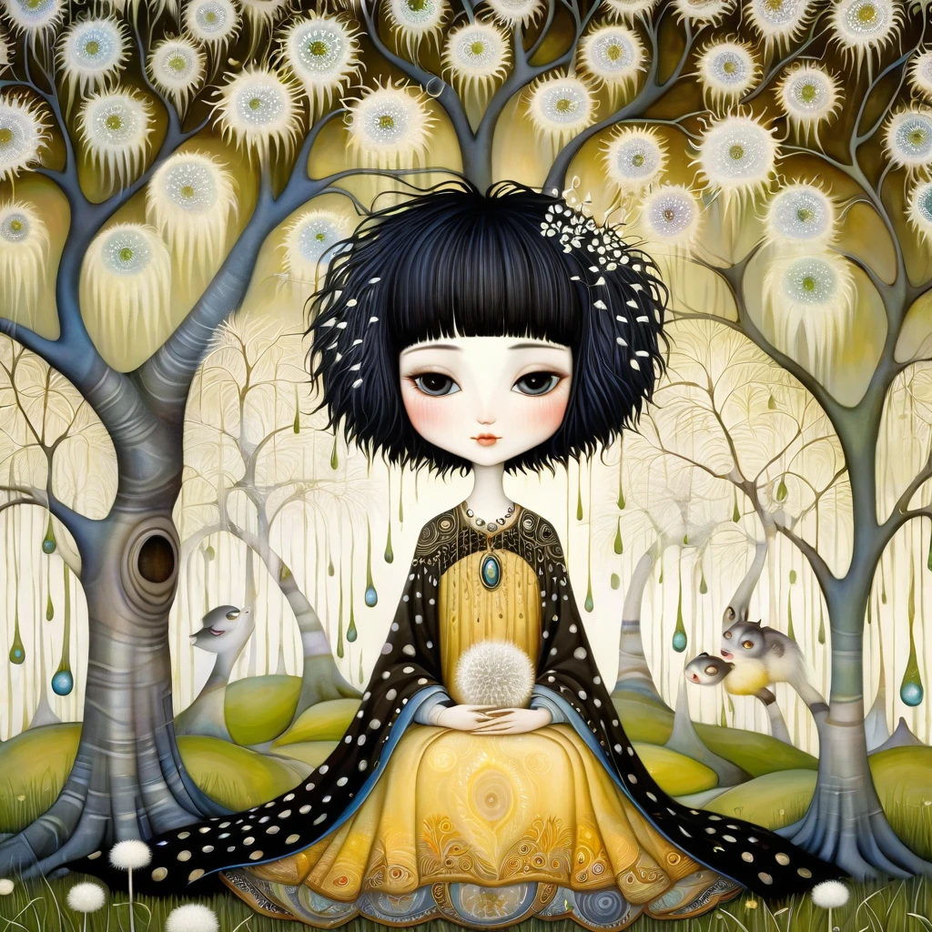 Patchwork by Klimt, Nicoletta Ceccoli, Naoto Hattori, Lawrence Didier, Leonora Carrington of European woman with short black hair and a long, wide skirt is sitting under a large weeping willow tree and smiling. Aquilones, white dandelion flowers. intricate patterns and details, photorealistic 8k resolution, masterpiece quality, vivid and vibrant colors, dramatic lighting casting surreal shadows, fantastical and whimsical elements, magical realism ambiance, wide-angle perspective creating optical illusions.
