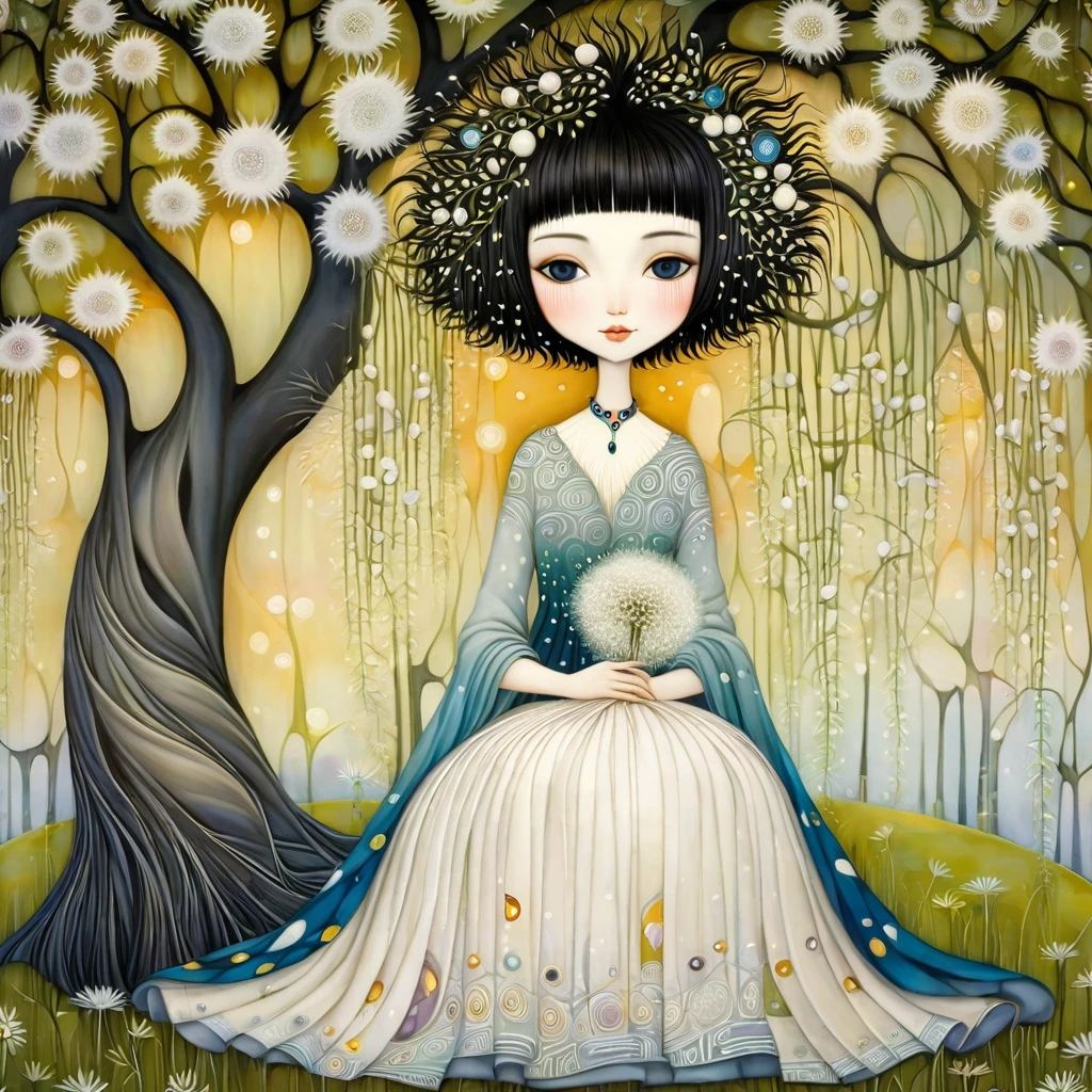 Patchwork by Klimt, Nicoletta Ceccoli, Naoto Hattori, Lawrence Didier, Leonora Carrington of European woman with short black hair and a long, wide skirt is sitting under a large weeping willow tree and smiling. Aquilones, white dandelion flowers. intricate patterns and details, photorealistic 8k resolution, masterpiece quality, vivid and vibrant colors, dramatic lighting casting surreal shadows, fantastical and whimsical elements, magical realism ambiance, wide-angle perspective creating optical illusions.
