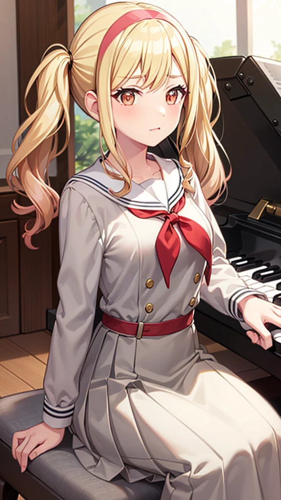 masterpiece, best quality, highres, 1girl, solo, ichigaya arisa, twintails, x hair ornament, , pleated dress, pantyhose, tenmasaki, shirt, long sleeves, twintails , sidelocks, pleated skirt, hairband, serafuku, sailor collar, side ponytail, sweater, neckerchief, eyelashes, buttons, swept bangs, wavy hair, red neckerchief, grey skirt, white sailor collar, orange bow, happy, cowbow shot, piano, sit, playing piano, piano room