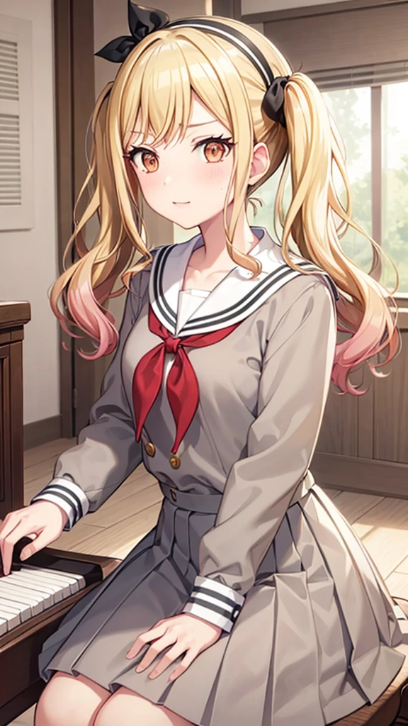 masterpiece, best quality, highres, 1girl, solo, ichigaya arisa, twintails, x hair ornament, , pleated dress, pantyhose, tenmasaki, shirt, long sleeves, twintails , sidelocks, pleated skirt, hairband, serafuku, sailor collar, side ponytail, sweater, neckerchief, eyelashes, buttons, swept bangs, wavy hair, red neckerchief, grey skirt, white sailor collar, orange bow, happy, cowbow shot, piano, sit, playing piano, piano room