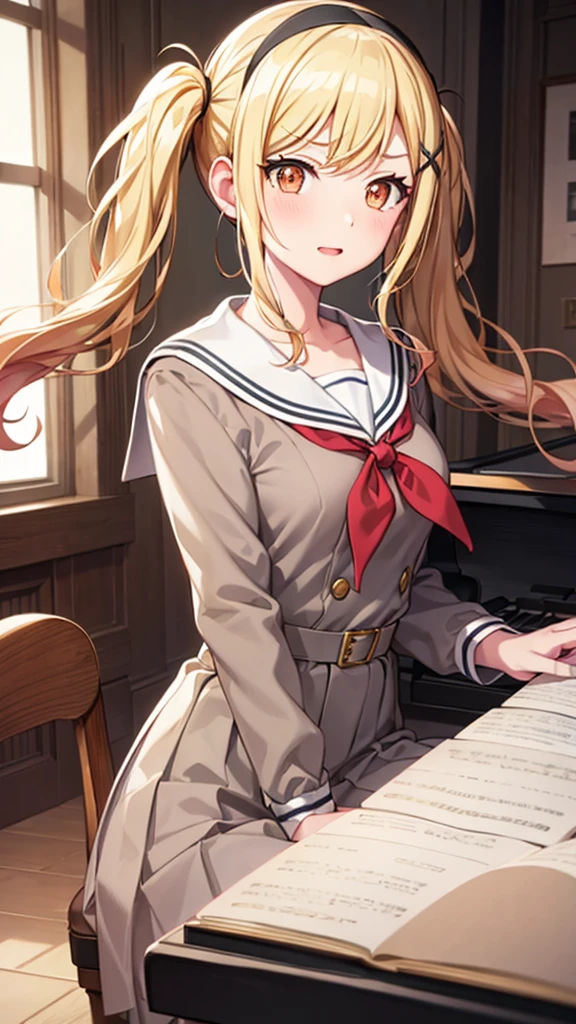 masterpiece, best quality, highres, 1girl, solo, ichigaya arisa, twintails, x hair ornament, , pleated dress, pantyhose, tenmasaki, shirt, long sleeves, twintails , sidelocks, pleated skirt, hairband, serafuku, sailor collar, side ponytail, sweater, neckerchief, eyelashes, buttons, swept bangs, wavy hair, red neckerchief, grey skirt, white sailor collar, orange bow, happy, cowbow shot, piano, sit, playing piano, piano room