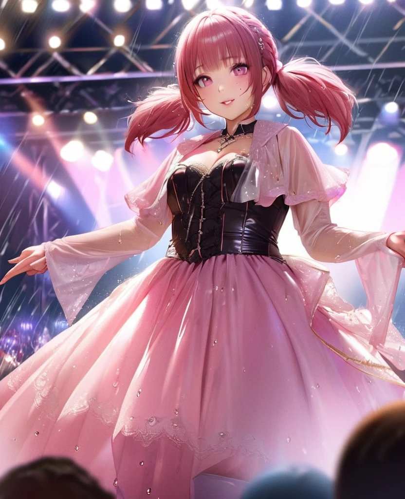 One Girl、Looking at the audience、lovely,
Beautiful pink eyes、short twin tail hair , Mole under the eye、Plump and glossy lips、Heart-shaped choca、Idol、Her name is Rico,smile、ー、。.。.。.。.。.。.。.。.。.。.。.。.。.。.。.。.。.。.3D、Realistic、
The idol's costume was soaked in the heavy rain, and her chest was wet and transparent.Heavy rain at outdoor concert, Drape clothes、gem、The decoration has been removed、Floral、Lace trim,On a glittering stage、
masterpiece、highest quality、8k、Detailed skin texture、Detailed cloth texture、Beautifully detailed face、Intricate details、Very detailed、
超A high resolution、8k Ultra HD、Film Grain、Best Shadow、delicate、Gazing at the audience、front