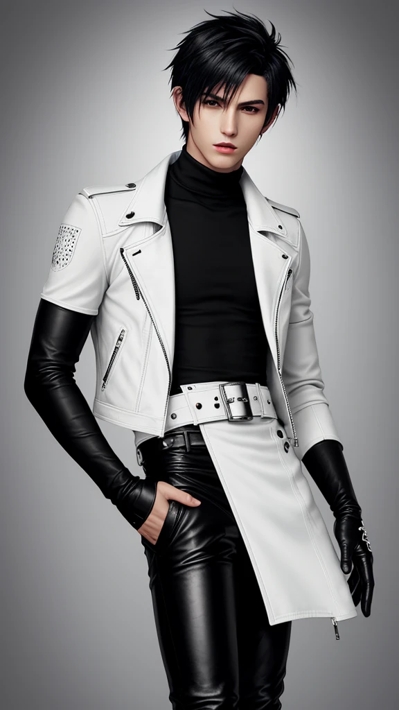 Final fantasy taste and reality graphics, Japanese young cute and cool ikemen boy, his age is early 20s, thin eyebrows and beady eyes, he wearing off white color leather thick singlebrest biker jacket, with epaulet, jacket zipped up, jacket is biker style, , jacket collar is high length stand-up collar with belts, jacket is a little black line pattern,close the front of the jacket, also wearing black thick turtleneck lackluster shirts, tight black leather pants, shiny black leather tight and thin glove, black leather knee-high raceup boots,views head-to-toe,views whole body, boy looks like fashion model,Do not show skin from the neck down,leather jacket leather glove and leather pants have few wrinkles,boy in the room,