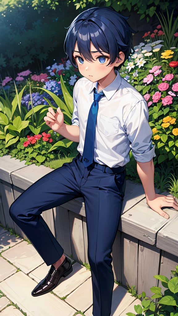 Little boy with hair, light skin, blue eyes, suit, blue tie, dark pants, In the garden