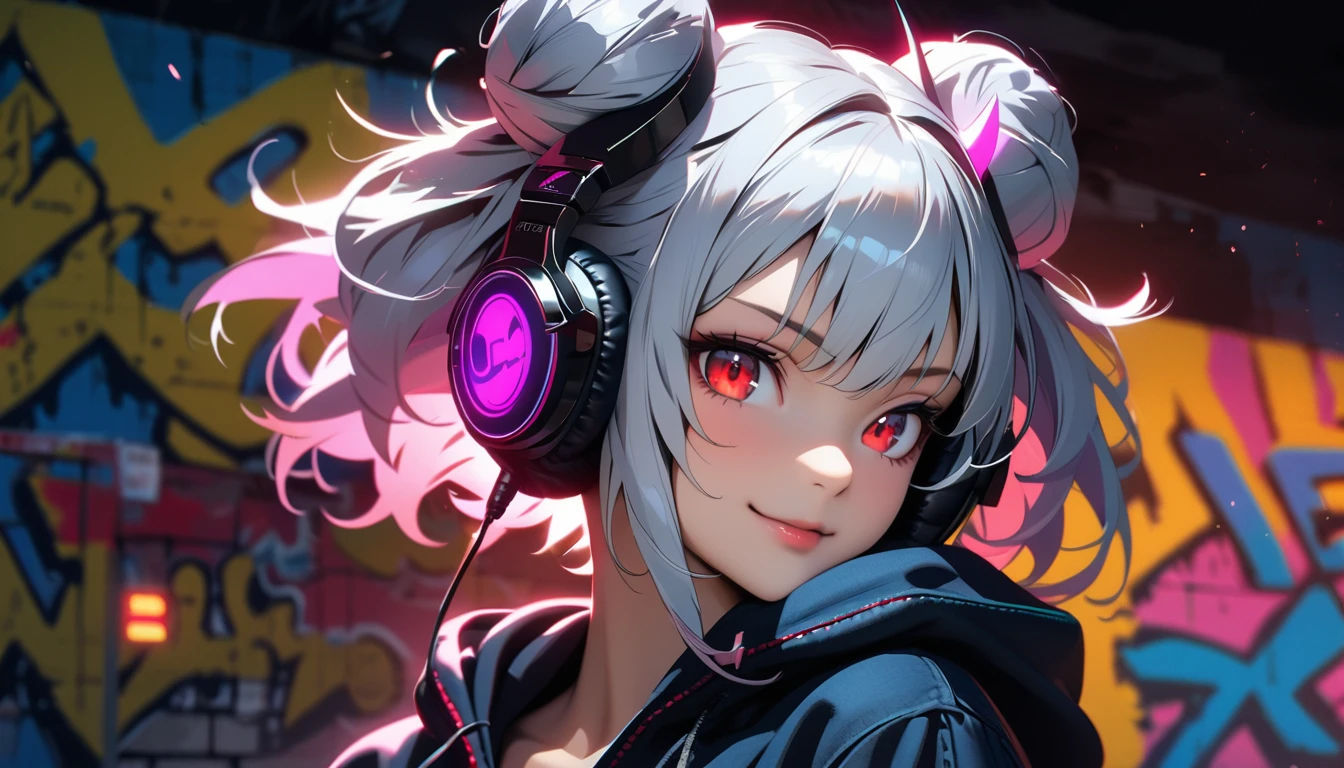 detailed background, masterpiece, big headphones on the head, top quality, smile, Nakiri Ayame, Striped Hair, Demon horn, gray hair, Double buns, Red eyes, smile, hoodie, portrait, neon, graffiti, Dark, night, shining eyes, black light、completely naked, Photorealistic, depth of field, ultra detailed, detailed face, very precise eyes))), dynamic action pose(Masterpiece), (Anime Style), (Super Detailed), (Brutal), (UHD, HDR), (8K), (High Resolution: 1.2), (Complex and Beautiful: 1.2), (Dramatic Lighting: 1.2) , (staring at the viewer), lora:add_detail:1, female necromancer, flowing white hair, detailed red eyes, skelet, Tomohiko Ito style