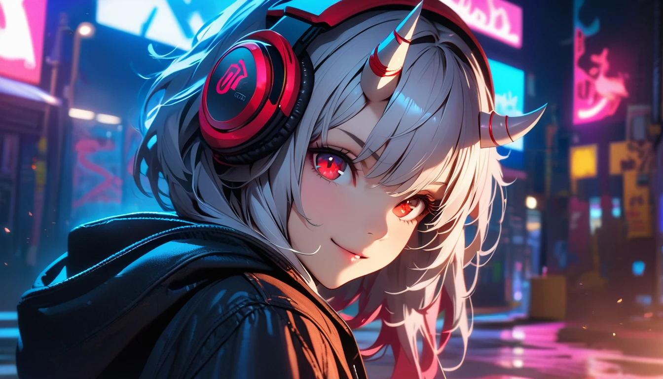 detailed background, masterpiece, big headphones on the head, top quality, smile, Nakiri Ayame, Striped Hair, Demon horn, gray hair, Double buns, Red eyes, smile, hoodie, portrait, neon, graffiti, Dark, night, shining eyes, black light、completely naked, Photorealistic, depth of field, ultra detailed, detailed face, very precise eyes))), dynamic action pose(Masterpiece), (Anime Style), (Super Detailed), (Brutal), (UHD, HDR), (8K), (High Resolution: 1.2), (Complex and Beautiful: 1.2), (Dramatic Lighting: 1.2) , (staring at the viewer), lora:add_detail:1, female necromancer, flowing white hair, detailed red eyes, skelet, Tomohiko Ito style