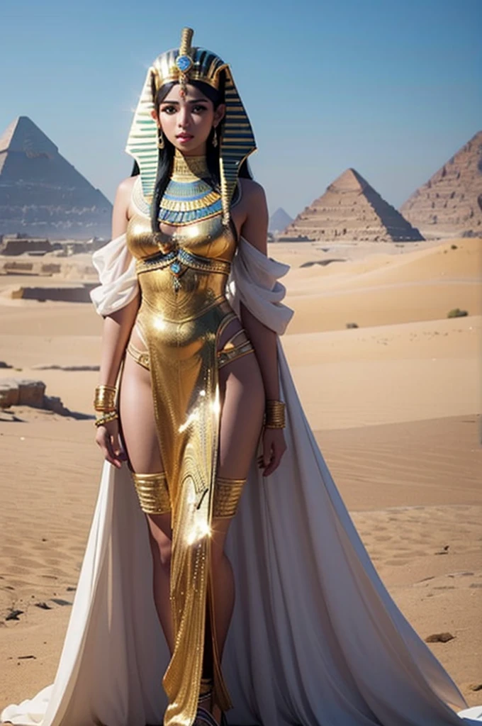 best quality, 8k, very delicate and beautiful, highly detailed face and skin texture, shiny skin, high resolution, beautiful girl in egyptian style costume stand in desert, full body, sharp focus