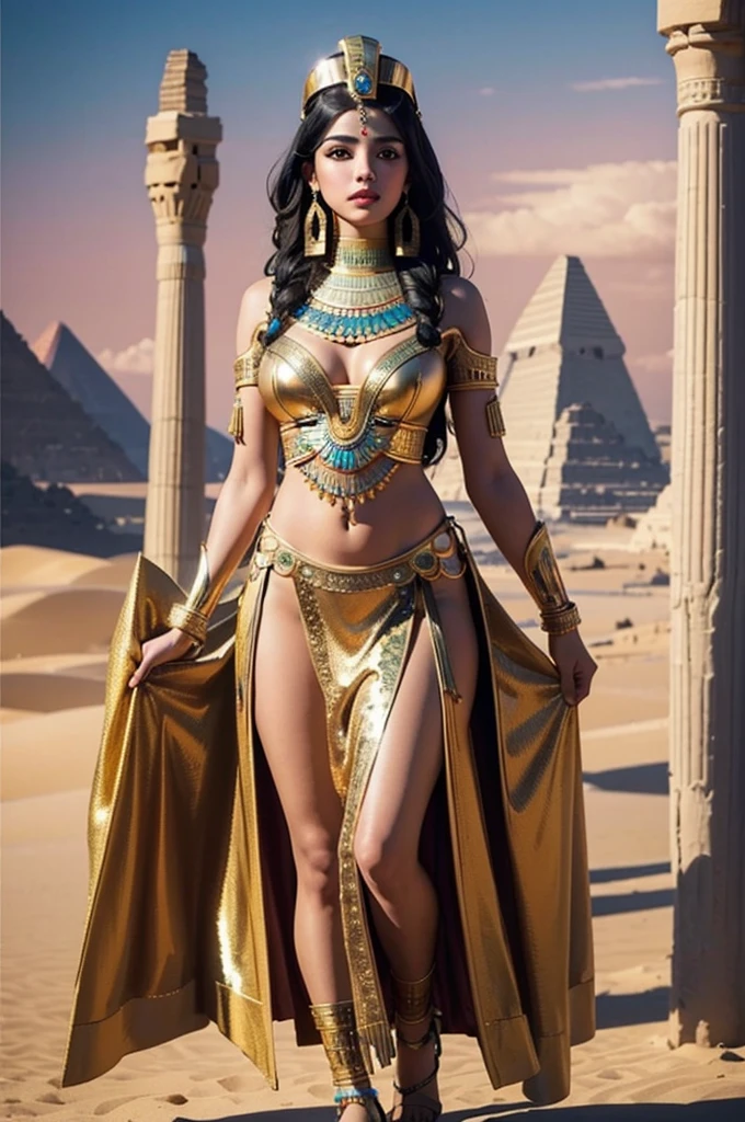 best quality, 8k, very delicate and beautiful, highly detailed face and skin texture, shiny skin, high resolution, beautiful girl in egyptian style costume stand in desert, full body, sharp focus