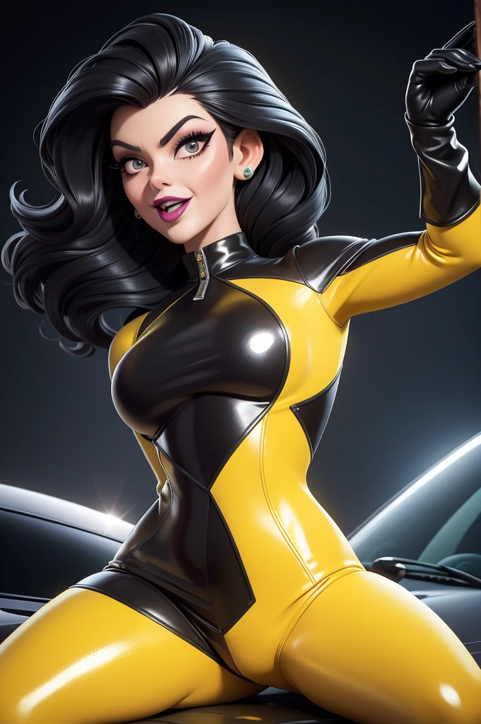 obra prima, melhor qualidade, (emma peel vamp 70yo face wrinkles) head back, sassy wicked girl, big toothy smile, open mouth, ((shiny pearl white lipstick,)) thick smoky black eye shadow, long fake eyelashes, raven black mullet hair, ((totally yellow leather spy girl suit,)) with studs zippers snaps, shiny leather gloves, body is skinny, laying down on hood of sports car, dazzle pose, pinup pose, exaggerated selfie pose, camera view of whole body, looking up at me, shallow depth of field, highres, HD, 8k, anatomically correct