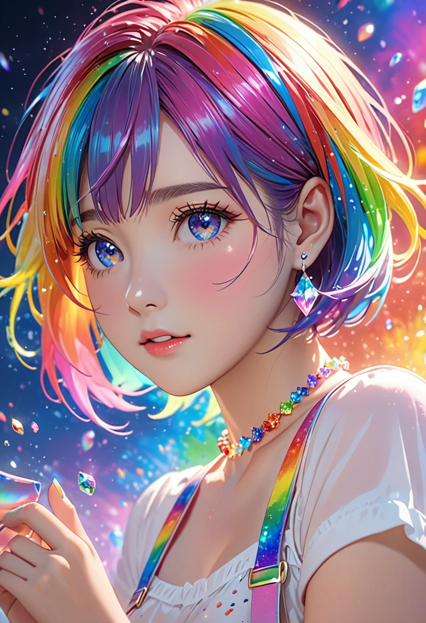 National Science Foundation,masterpiece,High resolution,8K,Art,digit,Three-dimensional,Realism,Kyoto Animation Style,your name movie style, ((Paint splashes,splash of color, Ink splash)),looking into camera,Soft Light,Glowing skin,(1 female: 1.3),(alone: 1.4),(((colorful hair))),((Colorful suspender skirt)),(Rainbow crystal hair clip),(Rainbow crystal small necklace),(Rainbow crystal small earrings),(Rainbow crystal bracelet),(Rainbow crystal ring),Long eyelashes,Slender legs,Short Bob,Close-up of upper body,Close-up,close view,colorful background,(Eyes as deep as the starry sky),(Shut up),(blush),(shy),(lovely and delicate)
