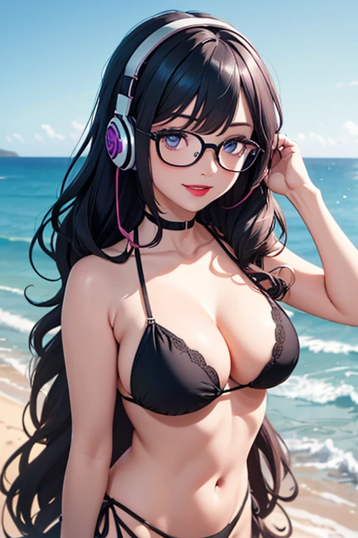 (best quality, masterpiece, perfect face, beautiful and aesthetic:1.2, colorful, dynamic angle, highest detailed face), 20 years old girl, medium, flirting on camera, 35mm, bokeh, 9:16, ocean view, at the beach, (intricate details, hyperdetailed:1.15), (high contrast, official art, extreme detailed, highest detailed), perfect face, female, gamer girl, blue eyes, wearing red lipstick, light smile, medium black wavy hair with purple highlights, wearing headphones, nerdy glasses, with black frames, bangs, she is wearing a bikini, large breasts, cleavage, POV view from below, underboob, cleavage, chin up