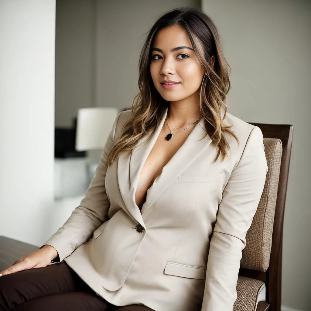 Close-up-short a woman sitting on a chair with her feet on the floor and her hands on, sitting on chair, girl in suit, sitting on a chair, girl in a suit, sitting in a chair, woman is sitting, sitting in chair, sitting on a mocha-colored table, sitting down casually, sitting on designer chair, sitting on an armchair, sitting pose, elegant confident pose, sitting on a table, sitting down, sophisticated young woman, in a comfortable chair, sitting in an armchair, sitting on a desk, siting in a chair,A woman with long blonde hair is sitting cross-legged on a woven chair with a metal frame, wearing a brown blazer, a beige top, and black pants. She rests her left elbow on her knee and her chin on her left hand, gazing thoughtfully at the camera. A white wall with decorative molding is in the background. big cheeks, curvy, hourglass figure, swooping breasts, deep cleavage, open arms, sexy armpits,big penis, nipples, ass, necklace, (cinematic:1.3), intricate details, (ArtStation:1.2,someone is holding their hand out in a gesture with their hands, hand gesture, indistinct man with his hand up, hand instead of a face, corrected hand, raised hand, hand with five fingers, hands not visible, bump in form of hand, wave a hand at the camera, hand gestures, five fingers on the hand, exactly 5 fingers, 8k, detailed, sharp, ultra sharp,close-up-short,