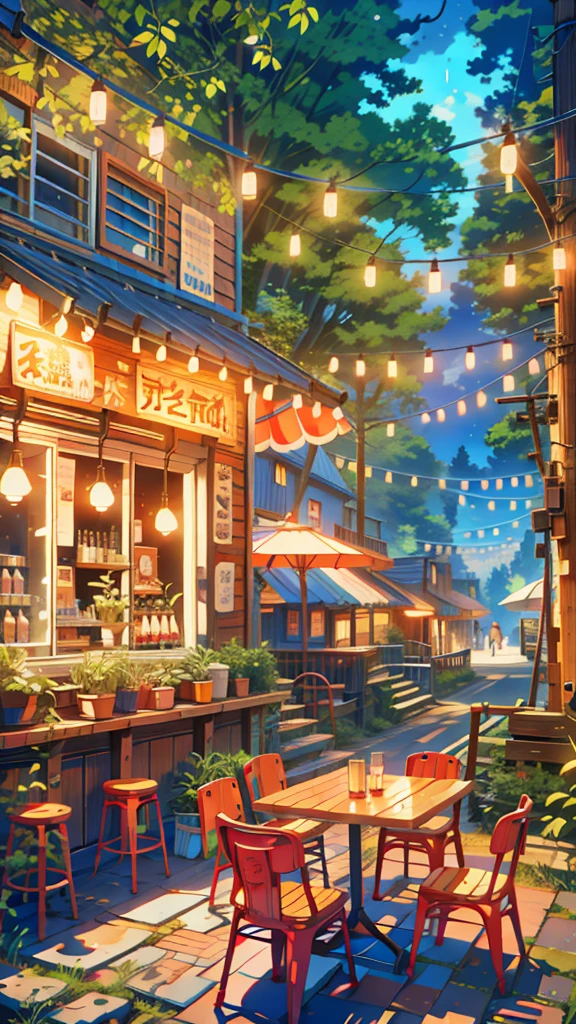 a street restaurant with tables and chairs in the woods, cozy cafe background, pleasant cozy atmosphere, anime atmospheric, dream atmosphere, cozy atmosphere, soft neon atmosphere, anime scenery, cgsociety 9, by Evgeny Lushpin, neon ambiance, dream - like atmosphere, neon ambience, dream-like atmosphere, beautiful kawaii lighting, anime asthetic, anime background, anime aesthetic, anime. by makoto shinkai, hd anime cityscape, anime scenery concept art, anime scenery, style of makoto shinkai, makoto shinkai art style, anime. by makoto shinkai, by Makoto Shinkai, by makoto shinkai, anime scenery, kyoto animation, 4k hd,, beautiful art uhd 4 k, a beautiful artwork illustration, beautiful digital painting, highly detailed digital painting, beautiful digital artwork, detailed painting 4 k, very detailed digital painting, rich picturesque colors, gorgeous digital painting, saturated, no human