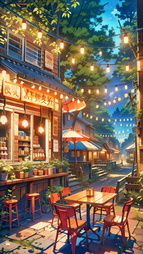 a street restaurant with tables and chairs in the woods, cozy cafe background, pleasant cozy atmosphere, anime atmospheric, dream atmosphere, cozy atmosphere, soft neon atmosphere, anime scenery, cgsociety 9, by Evgeny Lushpin, neon ambiance, dream - like atmosphere, neon ambience, dream-like atmosphere, beautiful kawaii lighting, anime asthetic, anime background, anime aesthetic, anime. by makoto shinkai, hd anime cityscape, anime scenery concept art, anime scenery, style of makoto shinkai, makoto shinkai art style, anime. by makoto shinkai, by Makoto Shinkai, by makoto shinkai, anime scenery, kyoto animation, 4k hd,, beautiful art uhd 4 k, a beautiful artwork illustration, beautiful digital painting, highly detailed digital painting, beautiful digital artwork, detailed painting 4 k, very detailed digital painting, rich picturesque colors, gorgeous digital painting, saturated, no human