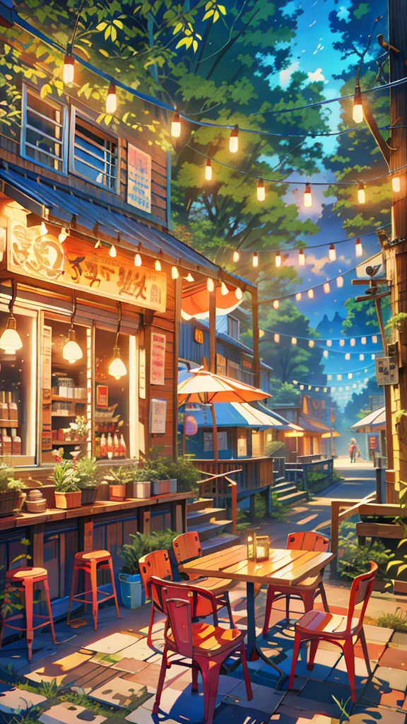 a street restaurant with tables and chairs in the woods, cozy cafe background, pleasant cozy atmosphere, anime atmospheric, dream atmosphere, cozy atmosphere, soft neon atmosphere, anime scenery, cgsociety 9, by Evgeny Lushpin, neon ambiance, dream - like atmosphere, neon ambience, dream-like atmosphere, beautiful kawaii lighting, anime asthetic, anime background, anime aesthetic, anime. by makoto shinkai, hd anime cityscape, anime scenery concept art, anime scenery, style of makoto shinkai, makoto shinkai art style, anime. by makoto shinkai, by Makoto Shinkai, by makoto shinkai, anime scenery, kyoto animation, 4k hd,, beautiful art uhd 4 k, a beautiful artwork illustration, beautiful digital painting, highly detailed digital painting, beautiful digital artwork, detailed painting 4 k, very detailed digital painting, rich picturesque colors, gorgeous digital painting, saturated, no human