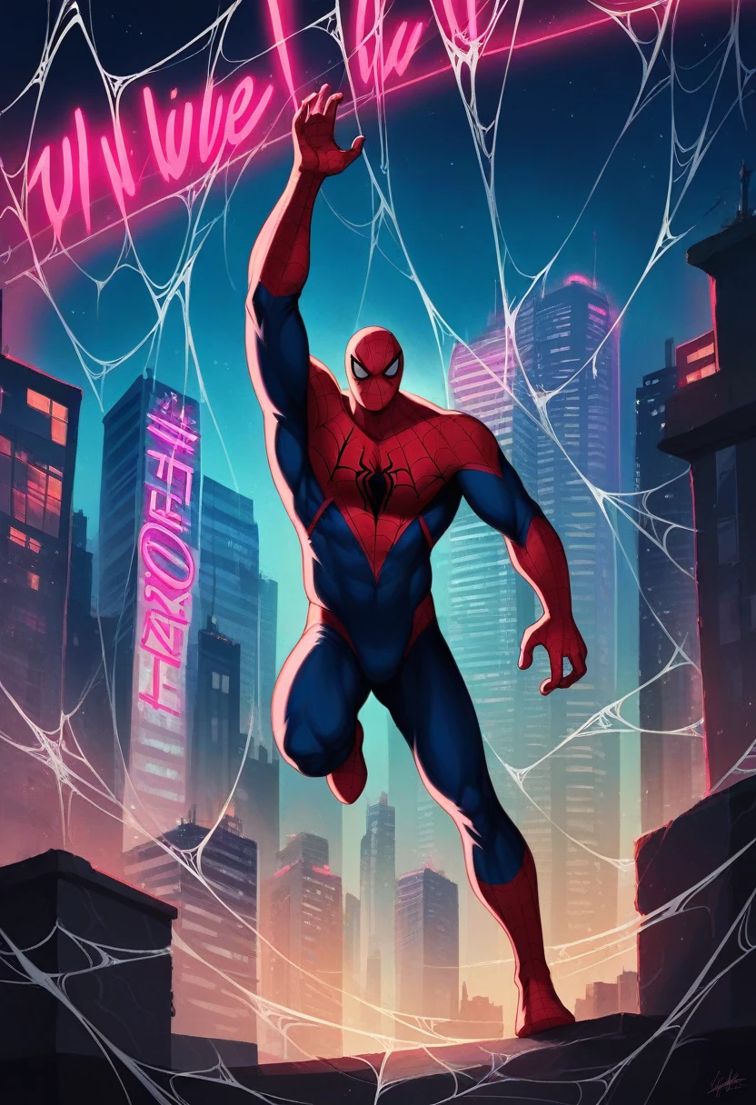 spiderman, male superhero, spider web, web-slinging, city skyline, skyscrapers, night scene, neon lights, cinematic lighting, dramatic pose, dynamic action, hyper-realistic, 8k, photorealistic, cinematic, masterpiece, highly detailed, intricate details, vibrant colors, moody atmosphere