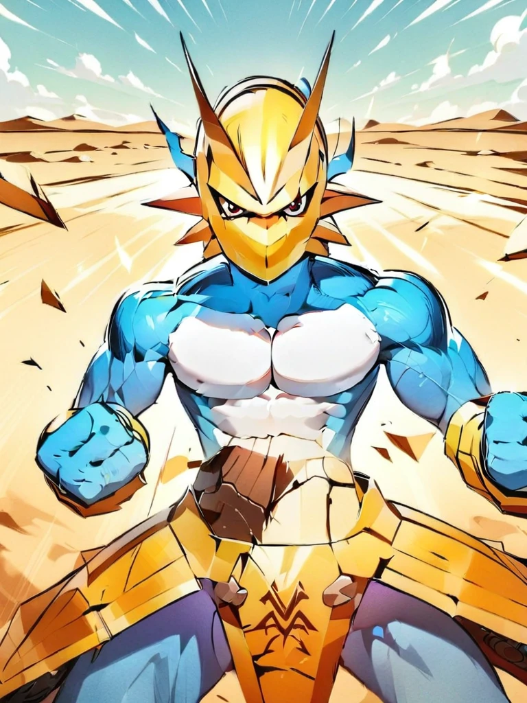 solo,angry Magnamon,tall, blue and white skin,(battle damaged:1.5),(topless Magnamon:2),(armor fragments:1.5),(shirtless:1.5), fighting_stance, in desert ,full_shot