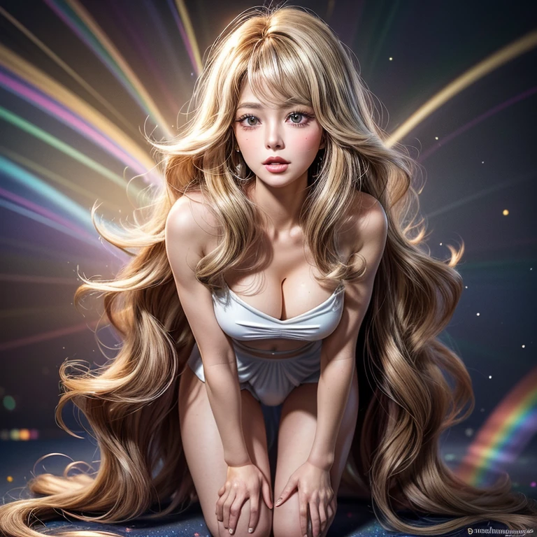 NSFW, 8k, High-level, absurd, masterpiece, best quality, primitive, very detailed CG, very detailed wallpaper, perfect lighting, Extremely detailed ((( personifying " Farrah Fawcett Majors " as a Girl))), MysticSight, Tyndall effect, Tyndall scattering, (Studio gray background with (Overflowing oodles Dazzling RainbowColorParticles (BokeH))), (RoundlyButts, ThighGap), (Exposed:0.4), (Assfocus with looking ahead) BREAK (Acutance:0.88), (NOGIZAKA face variations) Extremely Detailed very KAWAII face variations, perfect anatomy, Childish, CaptivatingGaze ElaboratePupils detailed Eyes with (sparkling highlights:1.28), (Voluminous LongEyelashes、GlossyRED Lips with beautiful details, RosyCheeks, Radiant PearlSkin with Transparency . { (Dynamic LifeLike expressions:1.4) | :d) }, (large eyes:-1) .