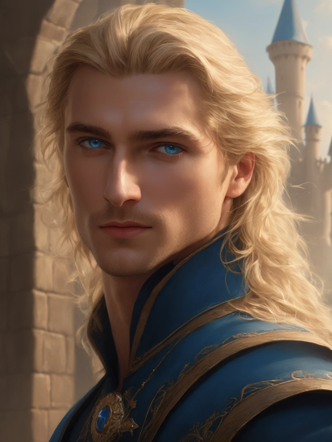 ((best quality),(masterpiece),(detailed),perfect face,a man with blond hair and blue eyes, castle behind,beautiful,(cinematic),(dramatic lighting),(digital painting),(photorealistic),(ultra-realistic),(hyper detailed),(epic),(fantasy),(cinematic composition),(heroic pose),(dramatic), (perfect eyes)