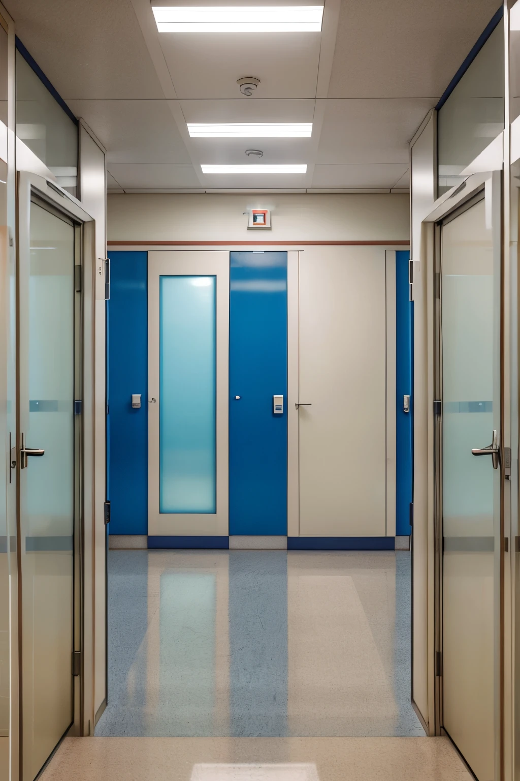 A room in the intensive care unit of a hospital with four patient beds with a glass wall behind the glass of the hospital corridor. And the presence of a number of patients and nurses in the picture