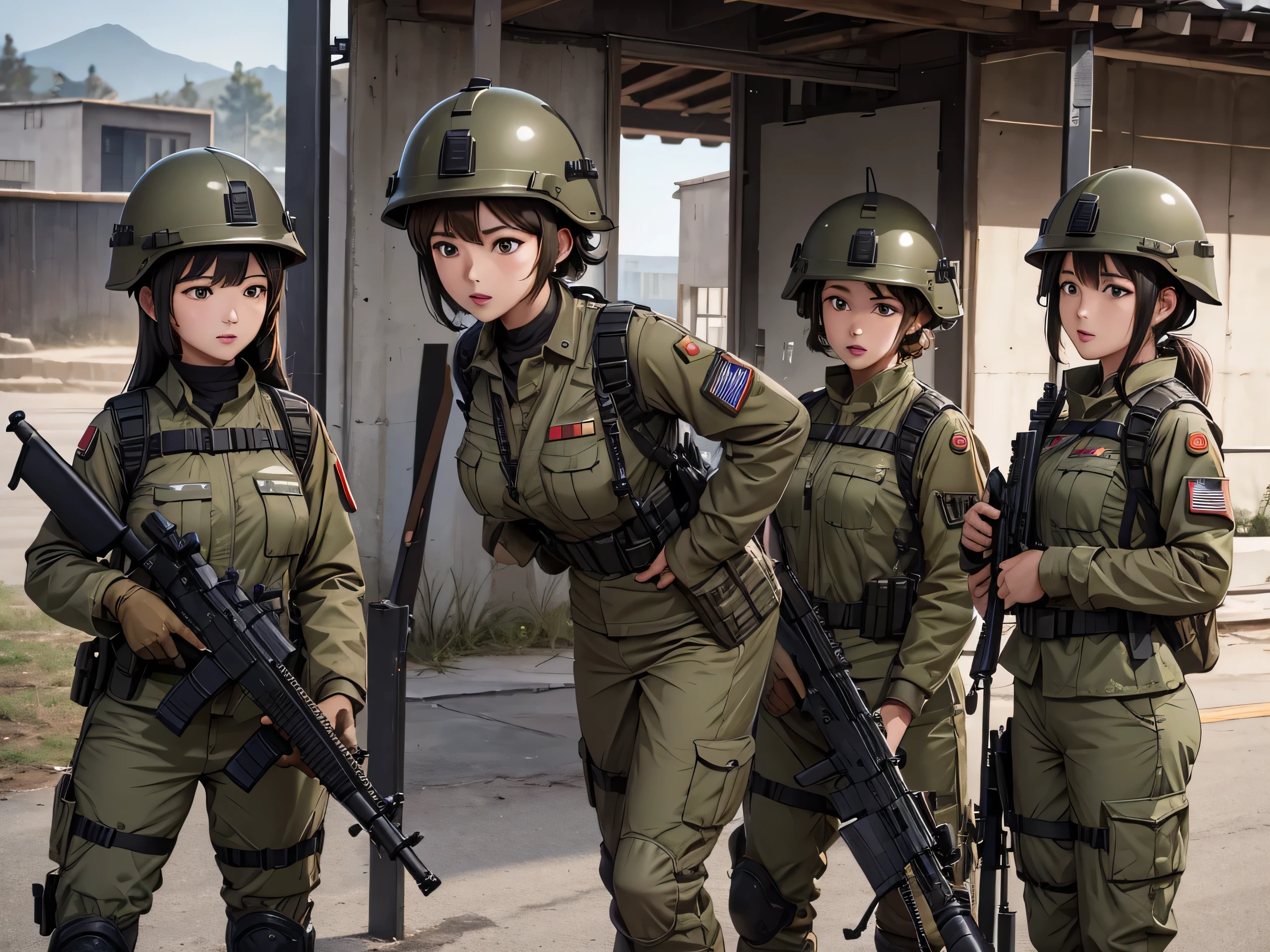First-person perspective、Three female soldiers in helmets、Wearing brown military uniform、Individual equipment set、Fight with guns、See the crotch、Military base、Write details、masterpiece、best quality、Highly detailed CG、8K picture quality
