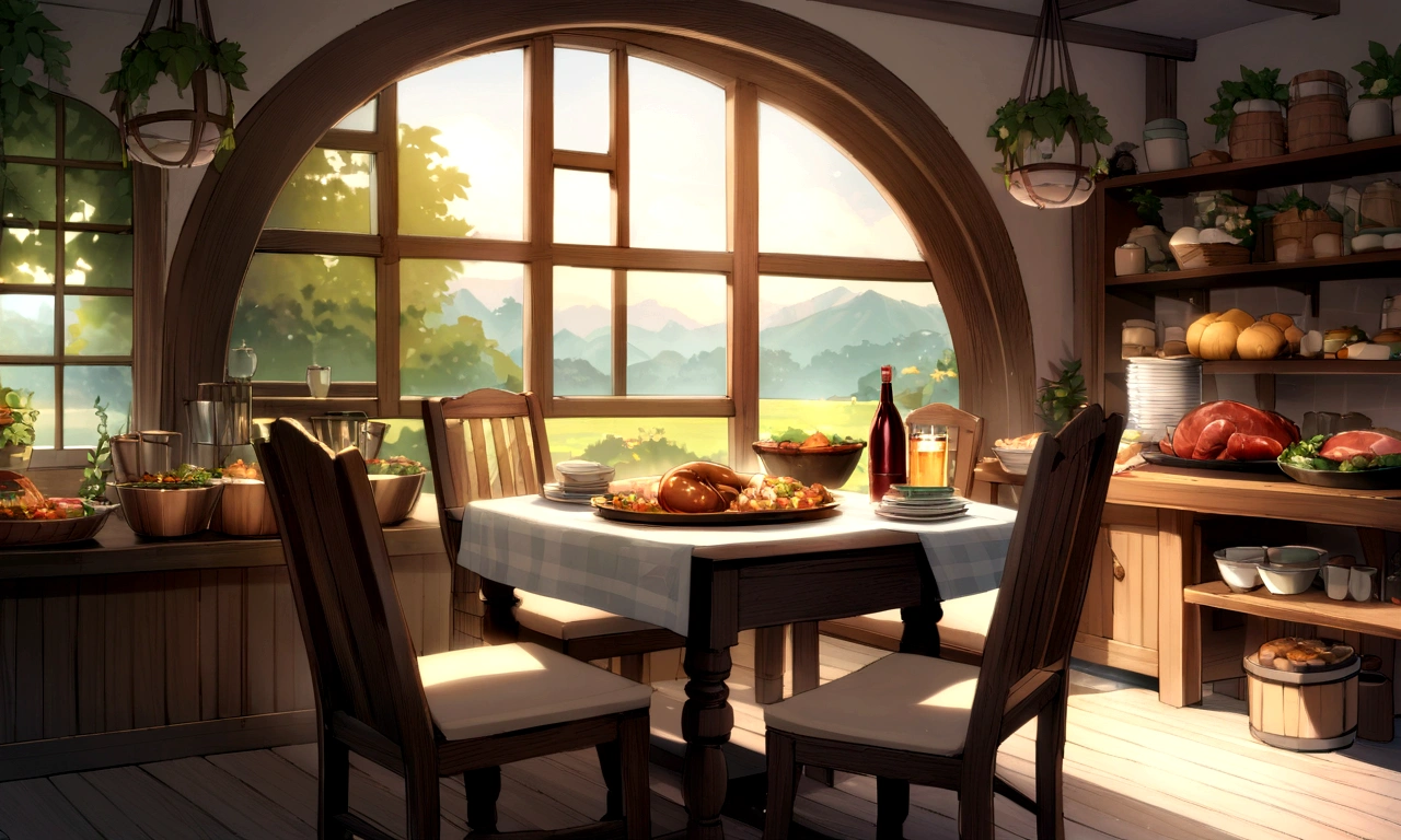 ((((masterpiece, Best Quality, High resolution)))), High detail, manga,anime,Illustrated style,Use of bright colors,Color scheme reminiscent of a daytime scene from a Ghibli studio, Medieval European fantasy worldview, long square dining table,White tablecloth, In the center of the screen, a large selection of food is displayed on a table.,A sumptuous dinner on the table,wine,Beer ,Meat dishes,The evening sunlight is streaming in through the window、A sparkling drink in the sunlight, No humans, RPG-like scenery, テーブルの上にはBeer やwineや美味しそうな食べ物が載せられている, Create a magical and cozy atmosphere, Bright daytime atmosphere.